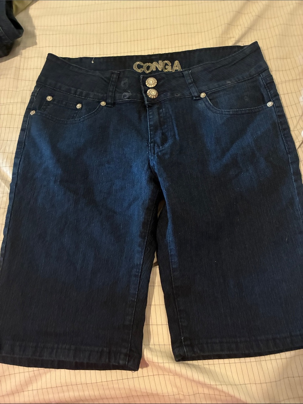 Dark Blue Denim Bermuda Shorts with Decorative Buttons